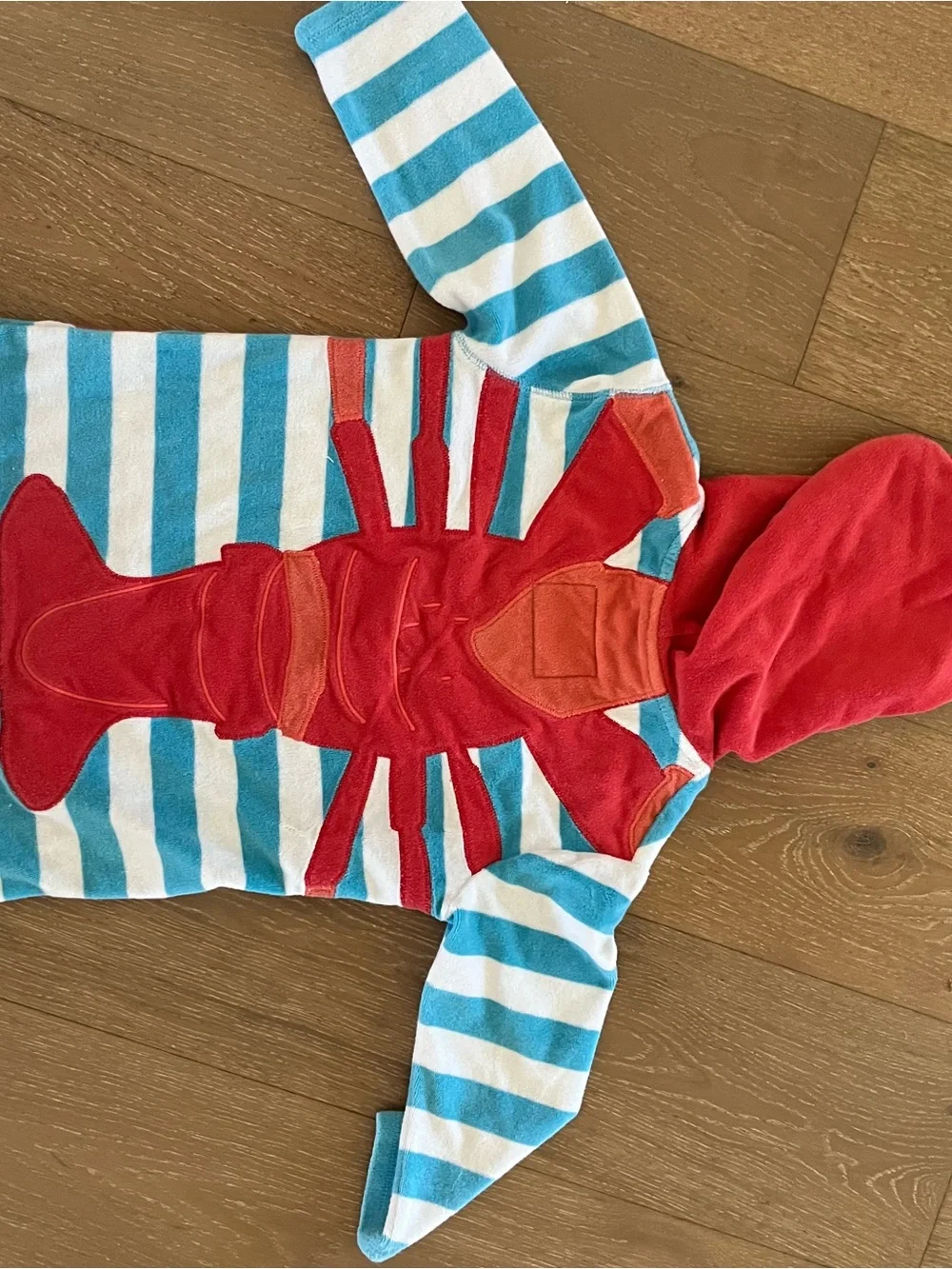 Mini Boden Blue and White Striped Hooded Swim Coverup with Red Accents